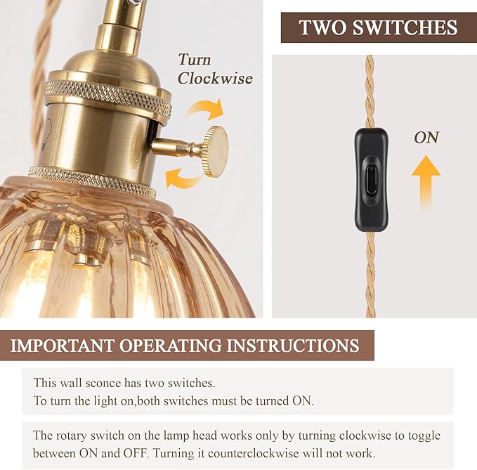 Plug-in Wall Sconce (Set of 2), Vintage Wall Decorative Lamp with Amber Glass Shade, Indoor Plug-in Wall Sconce for Bedroom, Living Room, Hallway