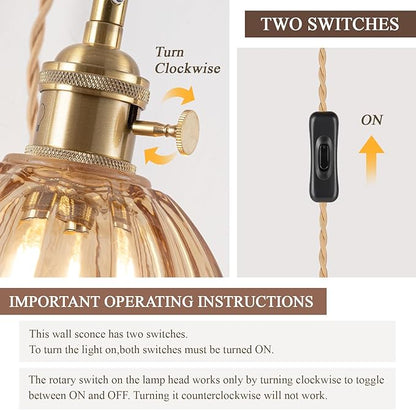 Plug-in Wall Sconce (Set of 2), Vintage Wall Decorative Lamp with Amber Glass Shade, Indoor Plug-in Wall Sconce for Bedroom, Living Room, Hallway
