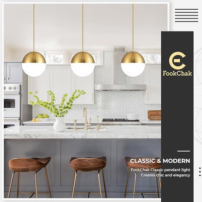 10in Glass Gold Pendant Light Globe Mid Century Modern Kitchen Island Pendant Lighting Brass Frosted Glass Hanging Light Fixtures Milky White Ball Pendant Lights for Dining Room Entry Bathroom