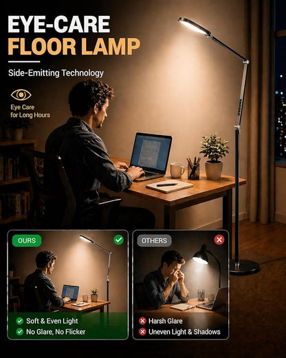 Eye-Caring LED Floor Lamp for Office, Reading, and Crafting, 69" Dimmable Office Lamp, Standing Reading Lamp with 30 Lighting Modes, Remote &Touch Control, Memory, Timer & Adjustable Swing Arm, CRI 97