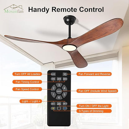 52 Inch Ceiling Fans with Lights and Remote, Wood Outdoor Ceiling Fan with 6 Speed Noiseless DC Motor, Indoor Modern 3 Blade Propeller Ceiling Fan for Bedroom Living Room Gazebo Patio(Walnut)