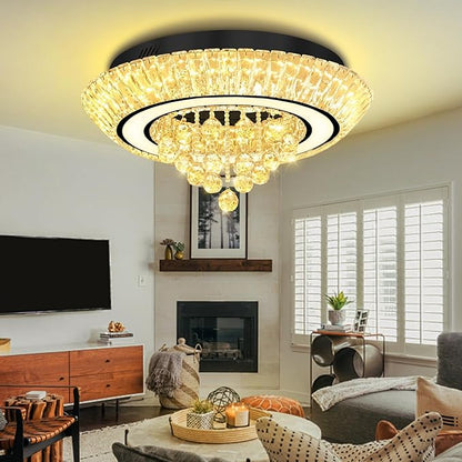 Glam Crystal Chandeliers, Modern Led Luxury Chandelier,24in Black Flush Mount Chandelier Ceiling Light, Raindrop Chandeliers for Dining Room, Living Room, Bedroom