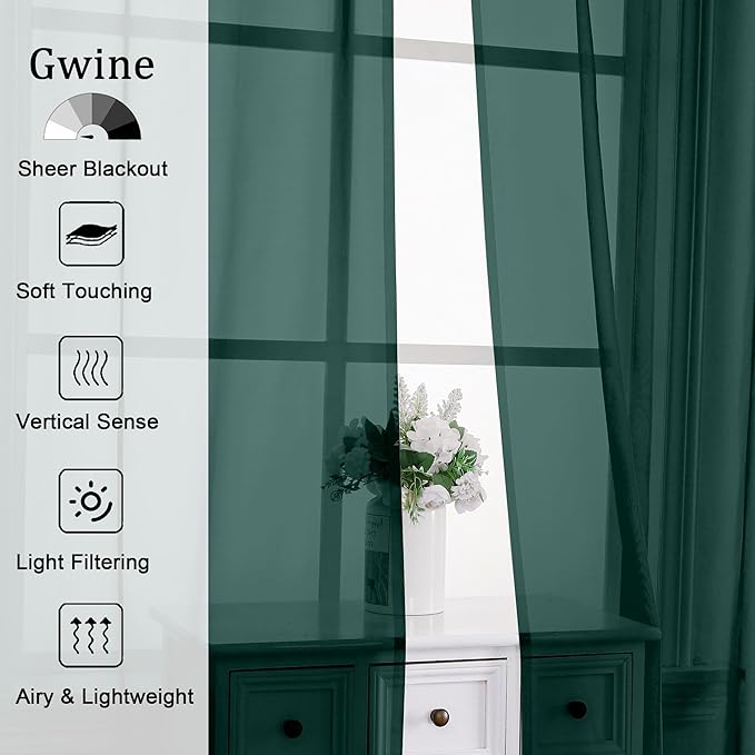 Gwine Hunter Green Sheer Curtains for Living Room 45 inches Long, Short Voile Light Filtering Window Treatments Sheer Curtains for Bedroom, Half Window Drapes with Rod Pocket, Each 42" Wx45 L