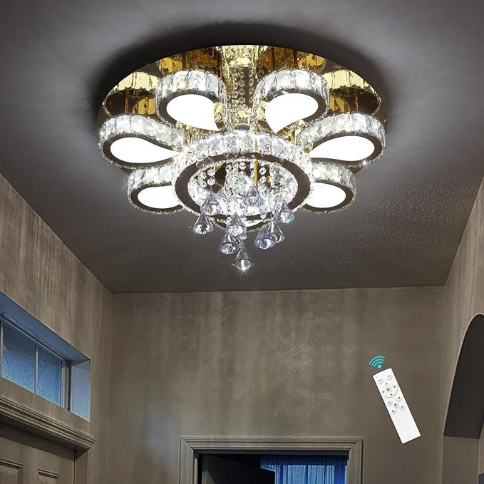 HAIXIANG Glam Crystal Chandelier for Living Room Dining Room Chandeliers Light Fixtures LED Remote Dimmbale Lighting for Dining Room Bedroom Living Room Gold 40W LEDs Lights