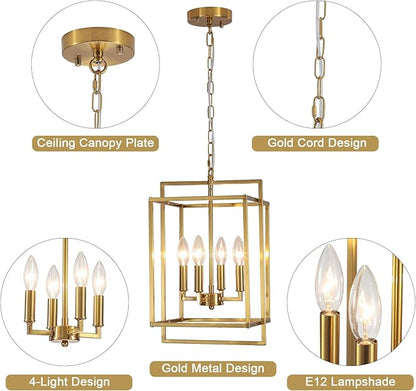 4-Light Gold Lantern Chandelier, Rustic Farmhouse Rectangle Pendant Light, Adjustable Height Modern Dining Room Light Fixture for Kitchen Island Living Room Entryway Foyer 10.8Inch