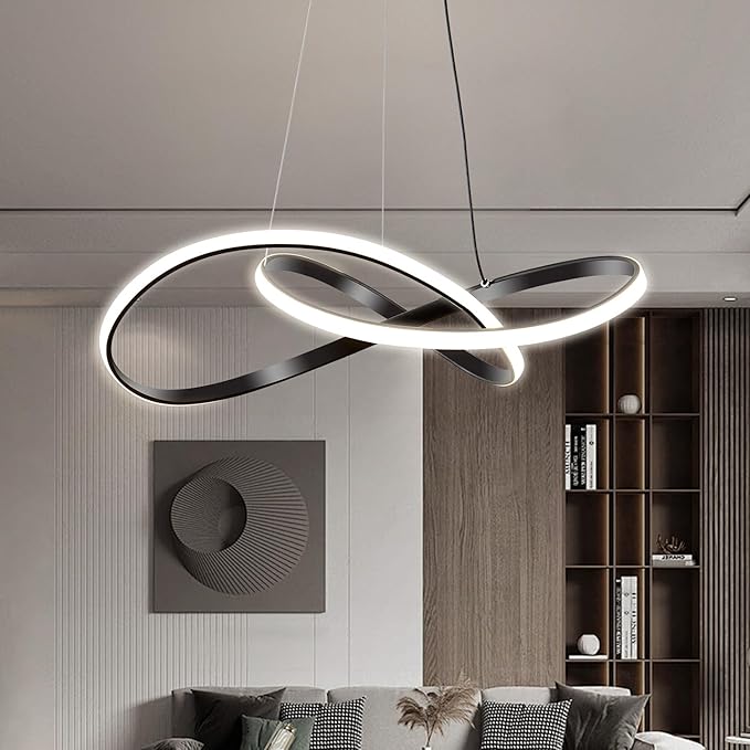 Modern LED Pendant Light Fixture，Black Contemporary Ceiling Hanging Fixture with Irregular Ring Lights for Dining Living Room Bedroom Kitchen Island Cafe（4000K，Neutral Light ）