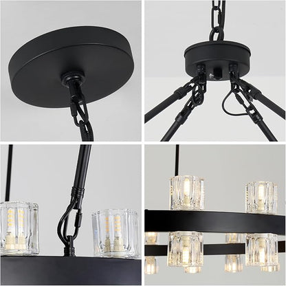 48 Inch Black Crystal Wagon Wheel Chandelier, Modern Farmhouse Round 48-Lights Pendant Lighting Fixture, for High Ceilings Living Room, Bedroom, Foyer