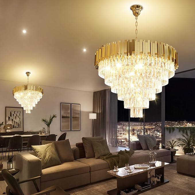 Modern Crystal Chandelier 32" Round K9 Crystal Ceiling Light Adjustable Gold 6-Tier Chandelier with 13 Lights Elegant Fixture for Dining Room Living Room Foyer