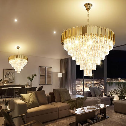 Modern Crystal Chandelier 32" Round K9 Crystal Ceiling Light Adjustable Gold 6-Tier Chandelier with 13 Lights Elegant Fixture for Dining Room Living Room Foyer