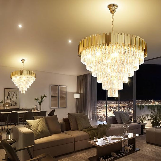 Modern Crystal Chandelier 32" Round K9 Crystal Ceiling Light Adjustable Gold 6-Tier Chandelier with 13 Lights Elegant Fixture for Dining Room Living Room Foyer