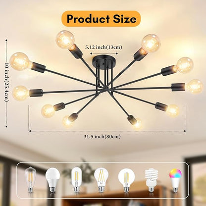 Modern Sputnik Chandelier 10-Light Industrial Ceiling Lights Fixture 31.5" Black Semi Flush Mount Ceiling Light with E26 Base Sputnik Lights Fixture for Dining Room Bedroom Foyer Hallway Living Room