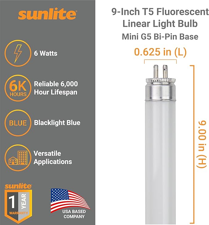 Sunlite F6T5/BL 6-Watt T5 Linear Fluorescent Light Bulb Mini Bi Pin Base, Black Light, 10-Pack