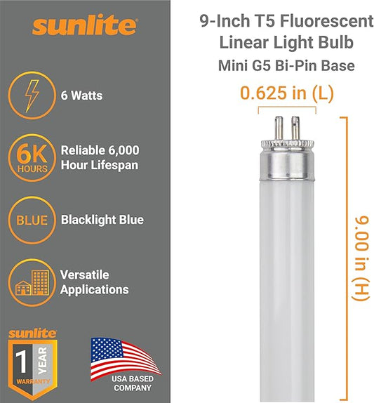 Sunlite F6T5/BL 6-Watt T5 Linear Fluorescent Light Bulb Mini Bi Pin Base, Black Light, 10-Pack