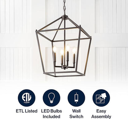 JONATHAN Y 16" Oil Rubbed Bronze Lantern Pendant Light, 4-Light Pagoda Style Metal Cage Farmhouse Hanging Ceiling Fixture for Kitchen Island, LED Bulb Included (JYL7437A)