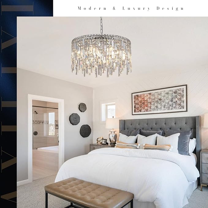 A AXILIXI Crystal Chandelier, 24" Modern Round Chandelier for Dining Room, K9 Large 8-Light Crystal Pendant Fixtures Raindrop Luxury Pendant Ceiling Light Chrome for Entryway Foyer Staircase
