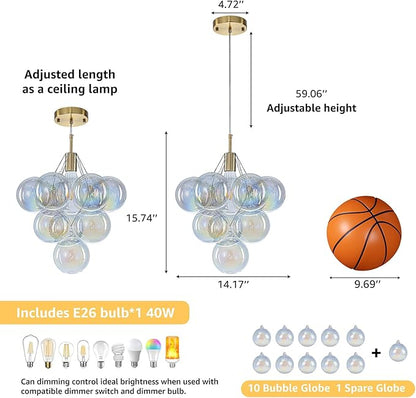 GoYeel Dining Room Light Fixtures Gold 14.17", Colorful Bubble Chandelier Modern Glass Ceiling Light for Hallway Entryway Foyer Bedroom Kitchen, with 10 Chromatic Globes, Include E26 Bulb