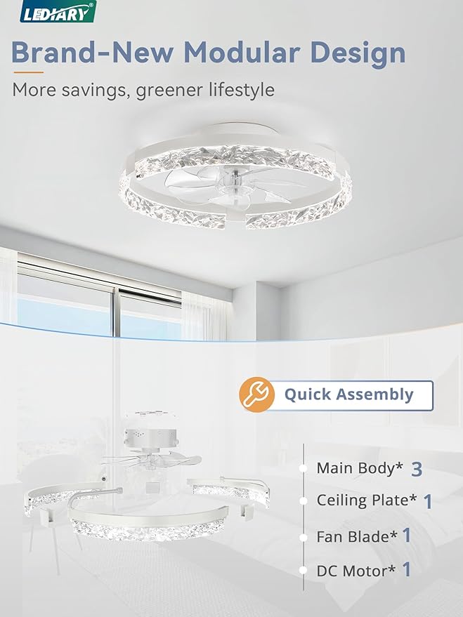 LEDIARY 20 Inch Low Profile Ceiling Fans with Lights and Remote, Fandelier Ceiling Fan Flush Mount, 3000K-6000K Dimmable LED Fan Light, White Modern Ceiling Fans with Lights for Bedroom