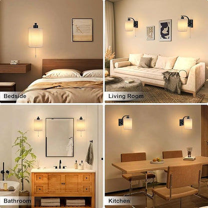 Lightess Pull Chain Wall Sconces Set of 2, Hardwire Wall Light Fixture with ON/Off Switch, White Fabric Lighting for Bedroom Living Room, Black (Bulbs Not Included)