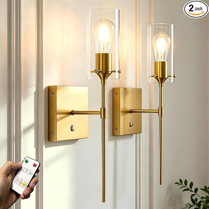 Battery Operated Wall Sconce with Remote Control, Dimmable Wall Mounted Light Set of Two Rechargeable, Gold Cordless Wall Lamp for Bedroom Bathroom Kitchen Vanity Mirror, Bulb Included