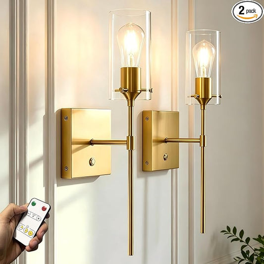 Battery Operated Wall Sconce with Remote Control, Dimmable Wall Mounted Light Set of Two Rechargeable, Gold Cordless Wall Lamp for Bedroom Bathroom Kitchen Vanity Mirror, Bulb Included