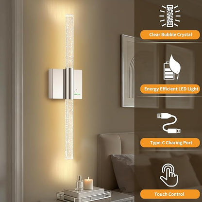 Battery Operated Wireless Wall Sconces Set of Two, Rechargeable Nickel Wall Lighting with No Wiring, Extra Large Dimmable Modern LED Lantern for Indoor Corridor, Entrance Hall (28"-2 Pack)