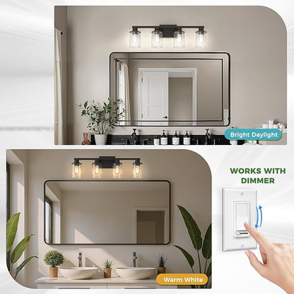 DORESshop 4-Light Vanity Light Fixtures, Black with Gold Trim Bathroom Light Fixtures Over Mirror with Clear Glass Shade, Modern Vanity Lights for Living Room Bedroom