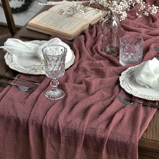 Artoid Mode Boho Cheesecloth Gauze Dusty Rose Wedding Table Runner, 120 Inch Seasonal Fabric Kitchen Dining Holiday Table Decor for Home Party Indoor