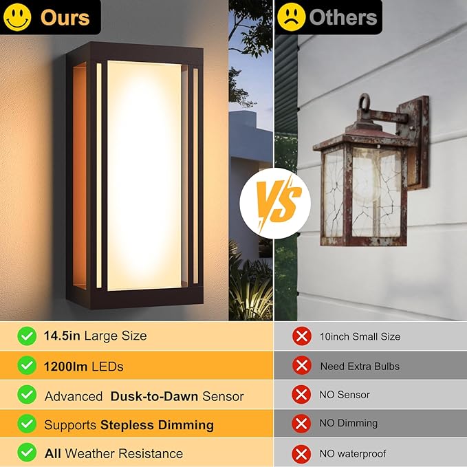 Dusk to Dawn Outdoor Wall Sconce, 3000K LED Outdoor Wall Lights Fixture for Patio, Waterproof Wall Mount Outside Light, 14.5in Bronze Outdoor Lanterns for Porch Door, 1 Pack