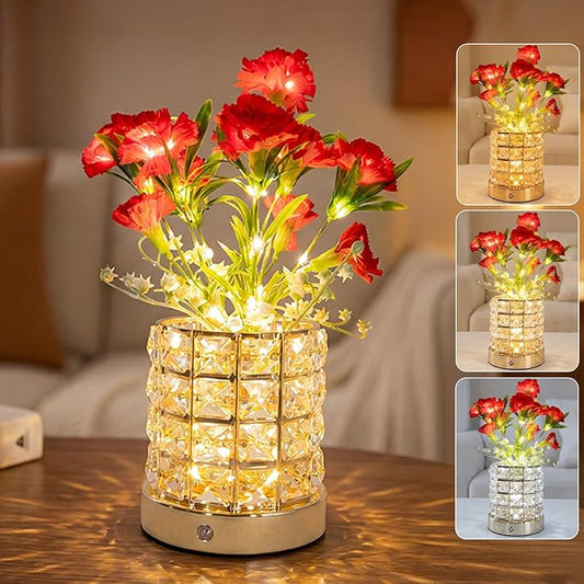 Lily Flower Lamps, Rechargeable Cordless Small Desk Lamp, 3 Colors Dimmable Artificial Flowers Night Light, Fake Bouquet 3 Lilies with Crystal Vase for Home Date Party Decoration (Red - Carnation)