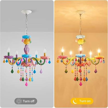 5-Lights Children Chandeliers, Modern Candy Design, Colorful Crystal Chandeliers for Bedroom, Dining Room, D22.8'' × H33.5'', Adjustable Height (33.5"~70.9"), Youth Color & Chrome Finish Frame
