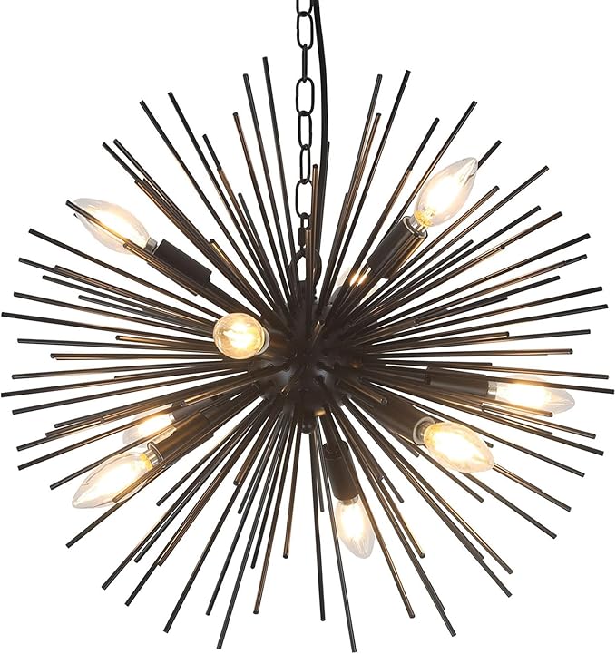20" Black Sputnik Chandelier Vintage 9-Light Modern Starburst Chandelier Light Fixture Solid Metal Black Satellite Sputnik Chandeliers for Dining Room, Kitchen, Bedroom, Living Room, Foyer