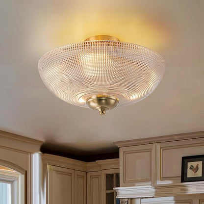 EDISLIVE 3-Light Vintage Glass Ceiling Light Brass Semi-Flush Lighting with Grid Shade,15.7" Antique Close to Ceiling Light E26 for Bedroom Dining Room Foyer Livingroom，Brass Copper Gold