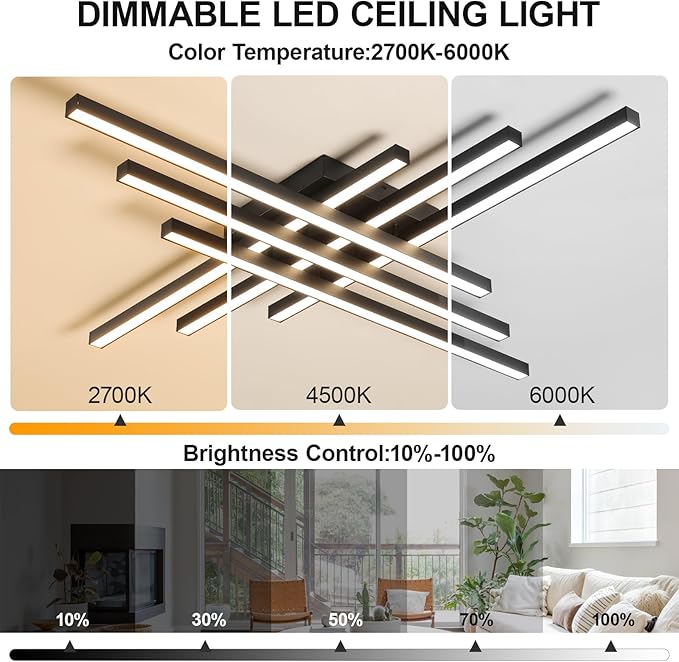 JAYMP 43.3" Modern Ceiling Light with Remote, Black Sputnik Ceiling Lamp, 96W Dimmable LED Lighting Fixture for Dining Room, Living Room, Kitchen Island, 6 Lights