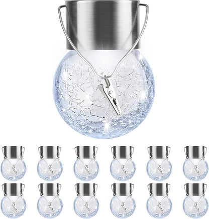 PARTPHONER 12 Pack Hanging Solar Lights Outdoor, Waterproof Solar Globe Lantern with Handle and Clip, Decorative Cracked Glass Ball Lights for Christmas Decor, Tree, Yard, Garden, Patio (Cold White)