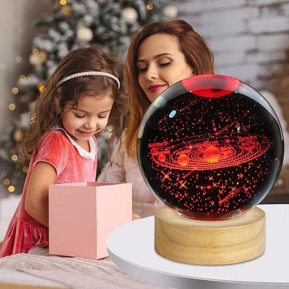 3D Solar System Crystal Ball Night Light, Upgraded 3.15 Inch Glass Ball Lamp with 16 Color LED Wooden Base, Solar System Model Desk Decor Birthday Christmas Space Gifts for Kids Friends