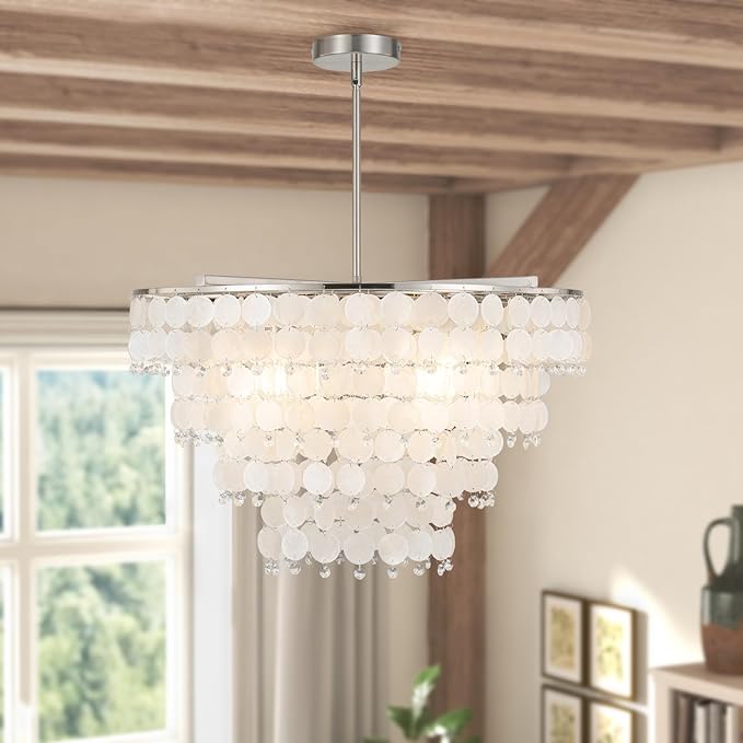 Natural Capiz Shell Chandelier, Coastal Modern Chandelier, Hanging Round Layered Pendant Lighting(4 Light, Nickel)