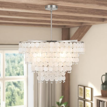Natural Capiz Shell Chandelier, Coastal Modern Chandelier, Hanging Round Layered Pendant Lighting(4 Light, Nickel)