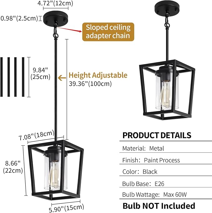 2 Pack Black Pendant Lights Kitchen Island, Farmhouse Pendant Light Fixtures with Glass Shade, Modern Kitchen Island Lighting Metal Cage Hanging Light for Hallway Entryway Dining Room Bathroom Foyer