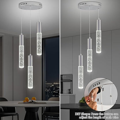 Modern Crystal Chandelier for Kitchen Island 3-Lights, Elegant Chrome LED Bubble Pendant Lighting Fixture for Dining Room Bedroom Entryway