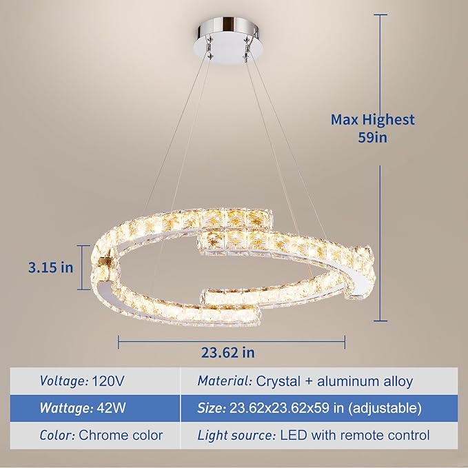 Depuley Modern LED Crystal Chandeliers: 23.6" Curved Ring Chandelier Hanging Crystal Ceiling Light Fixture - 42W Adjustable Height Pendant Light for Living Room Dining Room Bedroom Foyer