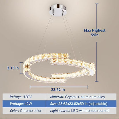 Depuley Modern LED Crystal Chandeliers: 23.6" Curved Ring Chandelier Hanging Crystal Ceiling Light Fixture - 42W Adjustable Height Pendant Light for Living Room Dining Room Bedroom Foyer