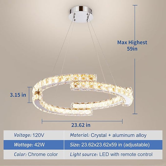 Depuley Modern LED Crystal Chandeliers: 23.6" Curved Ring Chandelier Hanging Crystal Ceiling Light Fixture - 42W Adjustable Height Pendant Light for Living Room Dining Room Bedroom Foyer