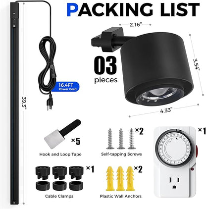 Barrina TR40c Track Grow Light for Indoor Growing, 3 x 40W, 15°-60° Adjustable Beam Angle, 4000K Ceiling Mount Full Spectrum Grow Lamp, LED H-Type Plant Light Bulbs for House Plants with Timer, Blcak