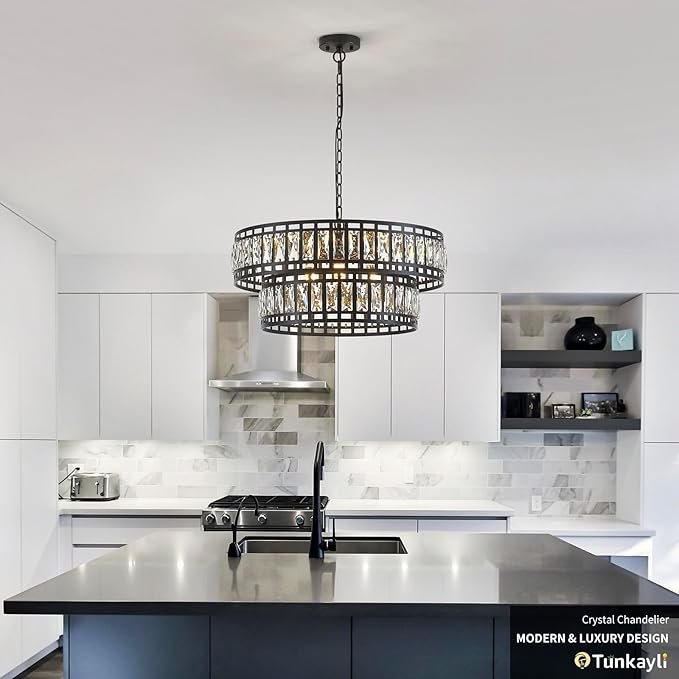 24" Modern Crystal Chandelier 8-Light Drum Large Glass Chandelier 2-Tier Round Black Design Luxury Elegant Lighting Fixture for Dining Room, Foyer, Living Room, Bedroom, Kitchen