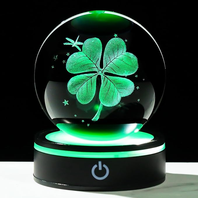 YWHL 3D Crystal Four-Leaf Clover Ball Figurine with Colorful LED Base, Four-Leaf Clover Good Luck Gifts for Women Men on Birthday, Glass Plants Art Statue Decorative Ball for Home Decor (80mm)