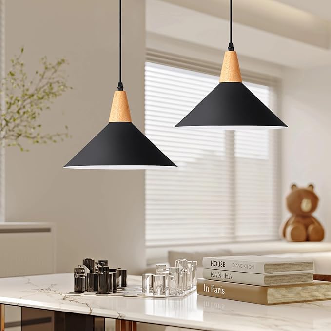 Modern Black Pendant Light Fixtures, 11.8" Farmhouse Wood Pendant Lighting, Industrial Cone Hanging Lights for Kitchen Island,Dining Room,Hallway,Barn,Entryway,Restaurant