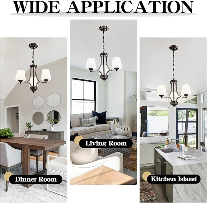 3 Light Farmhouse Chandelier with Milk White Frosted Glass Shades Black Dining Room Light Adjustable Height Ceiling Hanging Light Fixtures for Dinner Table, Kitchen Island, Entryway