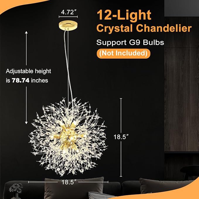Yiisem Gold Crystal Chandeliers, 12-Light Modern Firework Pendant Lighting, G9 Dandelion Chandelier Light Fixtures for Dining Room Bedroom Living Room Restaurant Kitchen Aisle Hallway