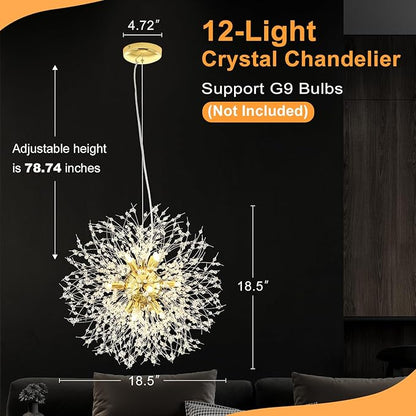 Yiisem Gold Crystal Chandeliers, 12-Light Modern Firework Pendant Lighting, G9 Dandelion Chandelier Light Fixtures for Dining Room Bedroom Living Room Restaurant Kitchen Aisle Hallway