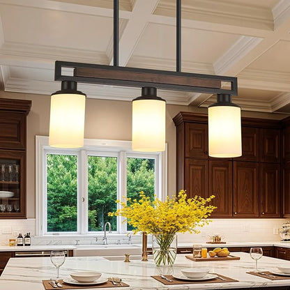 Farmhouse Dining Room Light Fixture, 3-Light Wood Kitchen Island Lighting for Dining Room Over Table, Black Adjustable Pendant Light with Milk Glass Shades, Linear Chandeliers Lighting for Kitchen